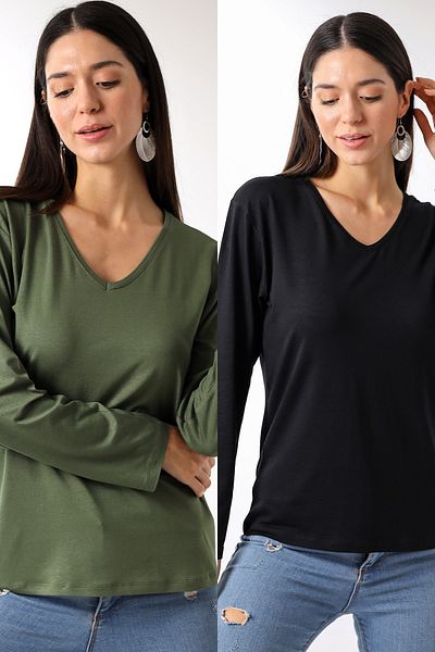 Devinka Women's 2 Pack V-Neck Oversize Basic Long Sleeve T-Shirt