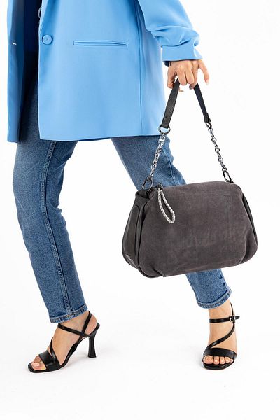 Getcho İnsigne Gray Women's Shoulder Bag Genuine Suede Imported Large Volume Zippered Casual Model Stylish Bag
