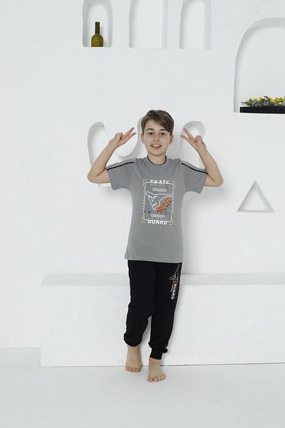 KAPİKİDS Short Sleeve Six Long Crew Neck Skate Board Printed Boys' Pajamas Set