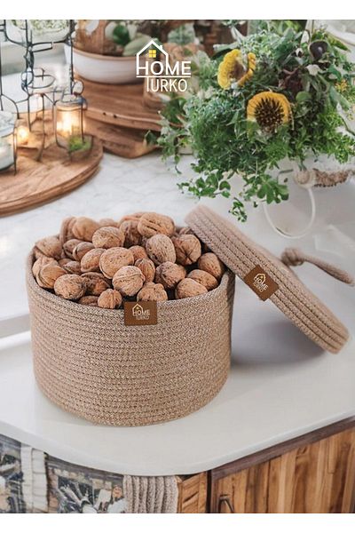 HomeTurko Modern, Jute, Wicker Basket with Lid, Hand-Woven, Multi-Purpose Storage Kitchen Basket, Bathroom Basket,