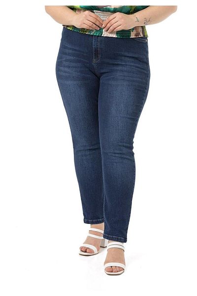 DISENTIS MODEST Large Size High Waist Slim Leg Navy Blue Denim Trousers