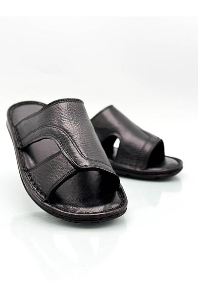 Moda Lalin Genuine Real Leather Men's Slippers Lightweight Slippers Leather Black