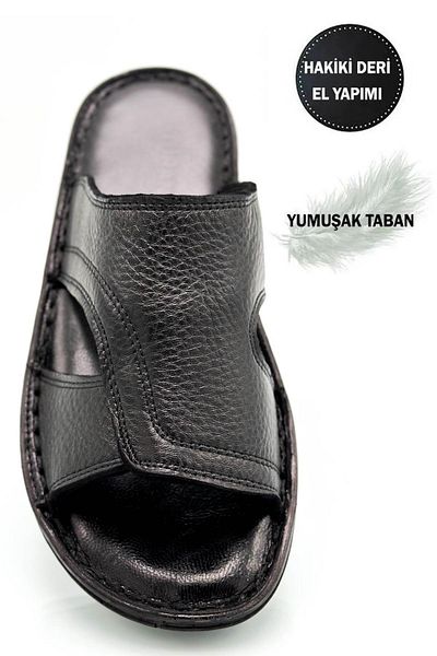Moda Lalin Genuine Real Leather Men's Slippers Lightweight Slippers Leather Black