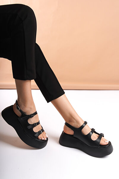 SEEM & BE Sandale negre pentru femei cu toc cu platformă Emily, cu detaliu cu...