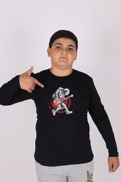 Çiggo Kids Tricou de bază pentru copii, unisex, chitarist, astronaut, cu mânecă lungă, cu decolteu