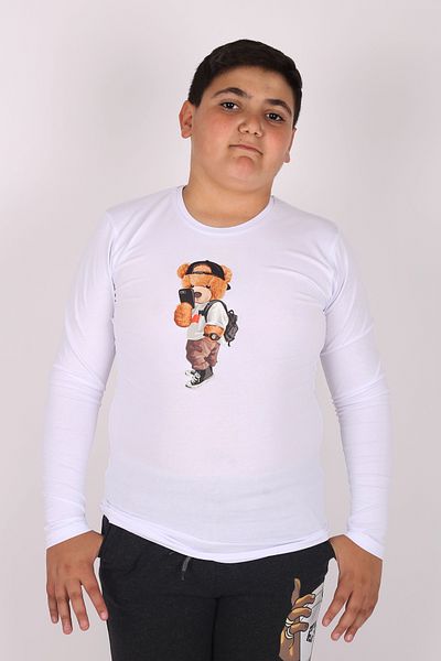 Çiggo Kids Tricou de bază pentru copii, unisex, cu mânecă lungă, cu imprimeu cu ursuleț