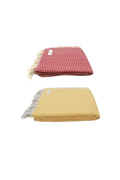 MELONIE Set of 2 Peshtemal Beach Towels, 100% Cotton, Xxl 100x180cm, Marmaris, Yellow-red