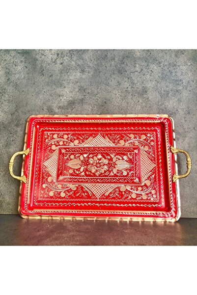 Copper Studio 999 26x39 Cm Oval, Işlemeli, Pirinç Saplı Kalın Bakır Çay Ve Ka...