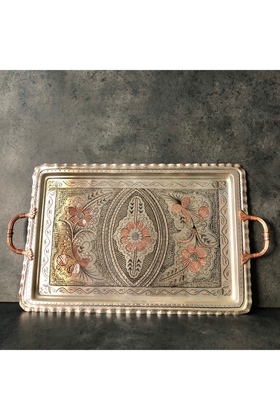 Copper Studio 999 26x39 Cm Oval, Işlemeli, Pirinç Saplı Kalın Bakır Çay Ve Kahve Sunum, Servis Tepsisi