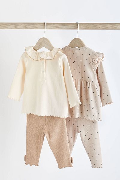 Next Baby 100% Cotton Cream Teddy Bear Patterned Long Sleeve Top and Bottom Set