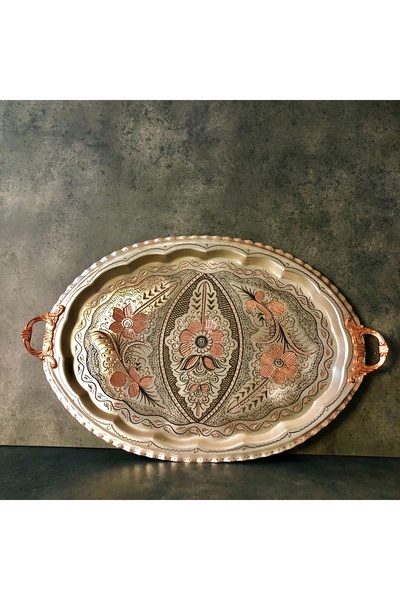Copper Studio 999 23x34 Cm Oval, İşlemeli, Pirinç Saplı Kalın Bakır Çay Ve Kahve Sunum Tepsisi, Söz Nişan Tepsisi