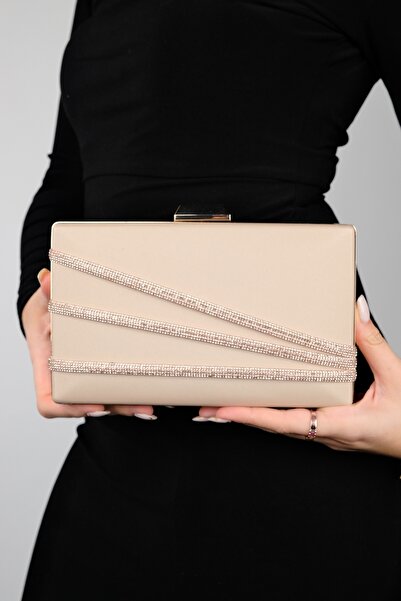 LuviShoes DEBON Dark Beige Satin Stripe Stone Women's Evening Dress Bag