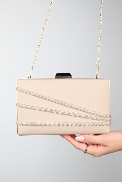 LuviShoes DEBON Dark Beige Satin Stripe Stone Women's Evening Dress Bag