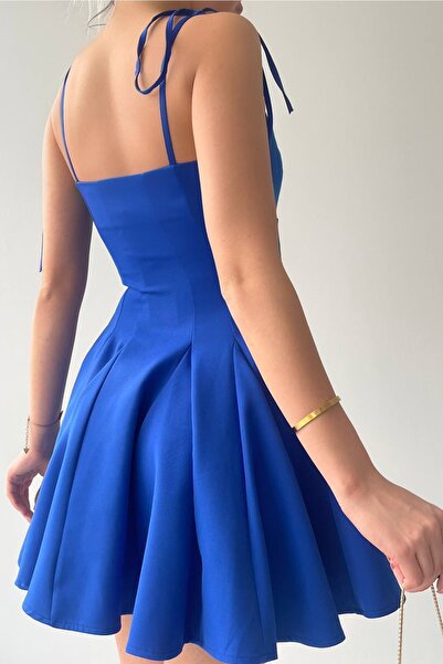 vuvutasarım Saks Blue Princess Cut Evening Dress - Atlas Fabric, Thin Straps and Dart Detail 164