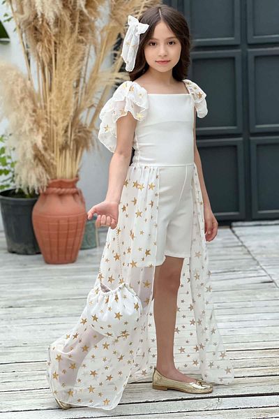 Riccotarz Girl's Star Patterned Boat Neck Tulle Tailed Jumpsuit with White Shorts