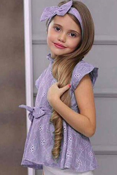 Riccotarz Girl's Spanish Leg Trousers Floral Lace Printed Blouse Lilac Bottom Top Set