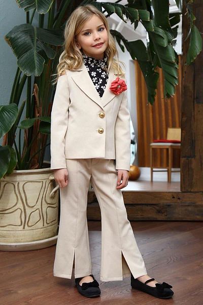 Riccotarz Set de blazer pentru fetiță, fără umăr, cu jachetă, model trifoi, cu fantă în față, crem spaniolă, pentru partea de sus și de jos