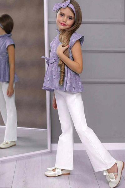Riccotarz Girl's Spanish Leg Trousers Floral Lace Printed Blouse Lilac Bottom Top Set