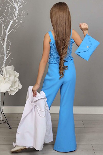 Riccotarz Set de jachetă cu umeri cu lanț și volan pentru fetiță și pantaloni albaștri cu picior spaniol