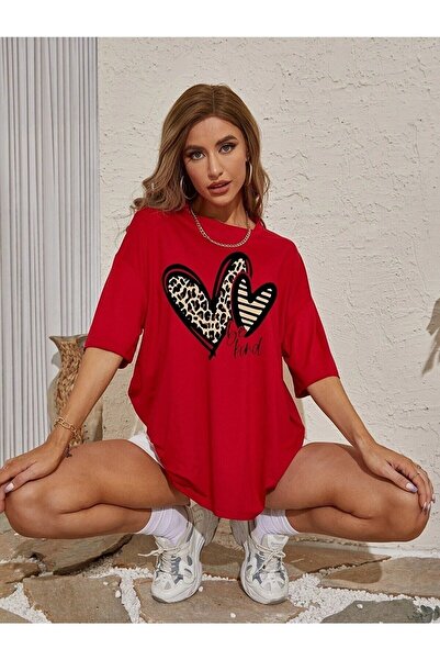WOODROFFE Bı Kind Printed Red Γυναικεία / Κορίτσια Oversize Casual T-shirt Bo...