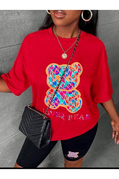 WOODROFFE Women's LOVER BEAR Printed Tights-T-shirt Set Oversize Casual Boyfriend