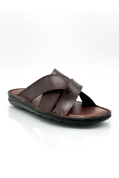 Moda Anna Γνήσιο πραγματικό δέρμα Ανδρικές Παντόφλες Ελαφριές Παντόφλες Δερμάτινο Σταυρό Καφέ