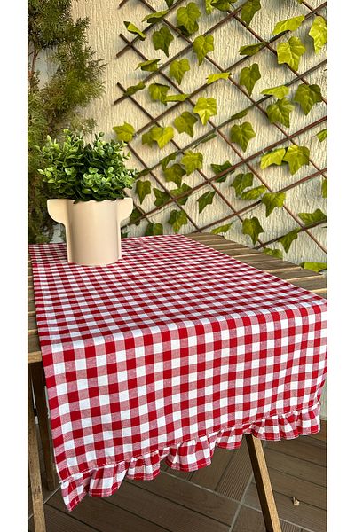 Decamor home Linen Frilly Runner Vintage Gingham Red Runner