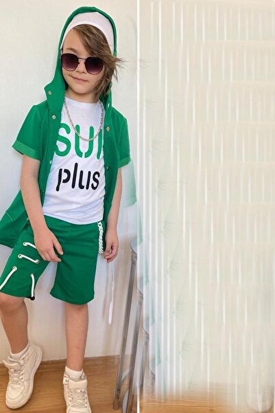 Riccotarz Boy's Sup Plus Text Printed T-Shirt Set with Chain and Rope Detail Green Shorts