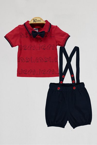 DIDuStore Patterned Polo T-Shirt and Suspender Shorts Set for Baby Boys