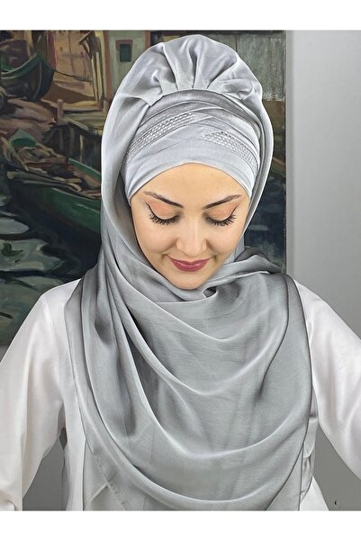 BUTİKAMBAR Mihrimah Çapraz Drapeli Fransız Şifon Hazır Şal - Açık Gri