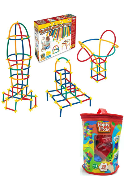DEDE 03462 , Süper Bambu Çubuklar - 300 Parça / +3 Yaş + Happy Blocks 80 Parça Lego