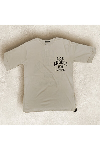 Sublime Butik Tricou oversize, bej, imprimat Los Angeles, cu fante laterale