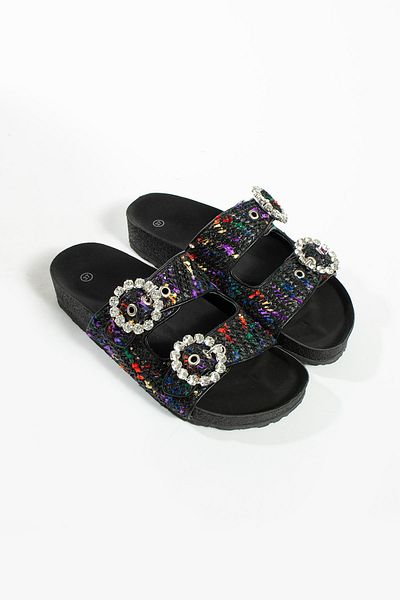 İnan Ayakkabı WOMEN'S BLACK COLOR STONE DETAILED SLIPPERS