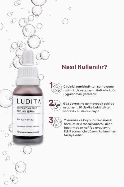 LUDITA Kırmızı Serum – %20 AHA + %2 BHA Peeling, Cilt Yenileyici & Ton Eşitleyici