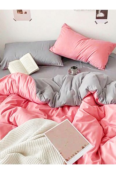 CAQQA Double Elastic Sheet Duvet Cover Set| Gray - Pink