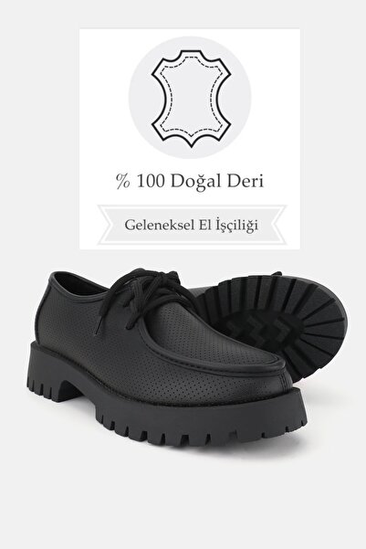 TUNAELLİ KADIN SİYAH HAKİKİ DOĞAL DERİ 36-41 NUMARA BAĞCIKLI AYAKKABI