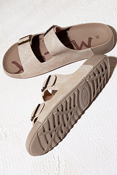 ShoesBag Çift Tokalı Yumuşak Tabanlı Günlük Bej Terlik