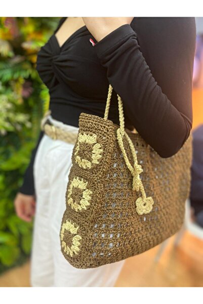Rüya Dizayn Çiçek Motifli Omuz Çantası Jüt-kağıt Ip - Kahverengi Günlük Şık Ç...