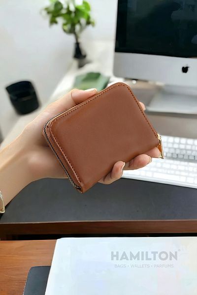HAMILTON Original Women's Tan Card Holder, Coin Compartment, Zippered Soft Leather Stylish Mini Wallet