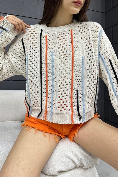 LE CARAMBOLE Women's Cream Stripe Detailed Openwork Knitwear Blouse