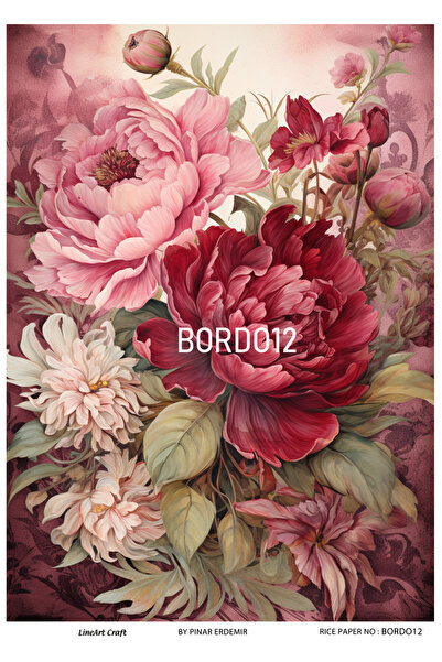 LİNEART Bordo Serisi BORDO12 Çiçekler Pirinç Dekopaj 30x42