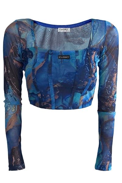 FLAST Women's Long Sleeve Square Neck Sleeve and Back Transparent Detailed Essentials 2.0 Logo Detail Crop Top Blouse
