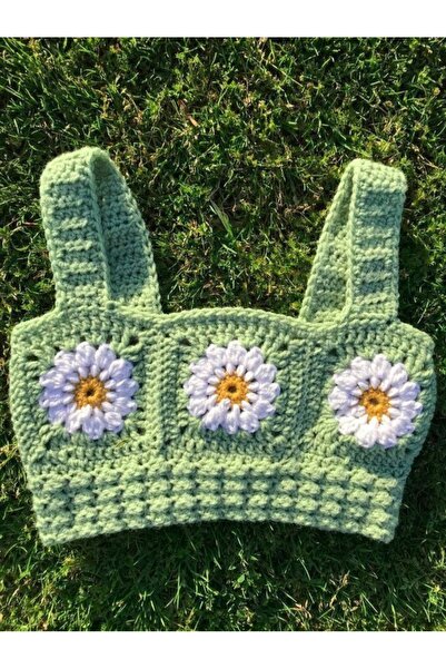 Sistaful El Örgüsü Kız Bebek Çocuk Yeşil Crop Bluz