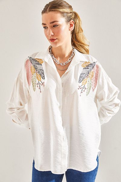Bianco Lucci Modest Damen-Hemd aus Leinen mit Stickereien, Perlen und Schmucksteinen Ayrobin60181005