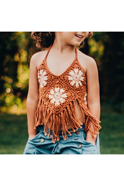 Sistaful بلوزة محبوكة يدويًا باللون البني مع شرابات للفتيات الصغيرات