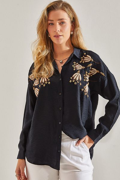 Bianco Lucci Modest Cămașă de in Ayrobin - Model de mărgele din lemn și broderie 60181026