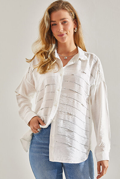 Bianco Lucci Modest قميص أيروبين نسائي من الكتان المطرز بالأحجار60181021