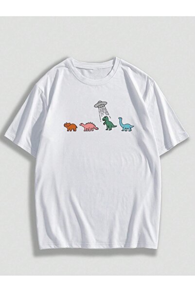 over head oh Tricou oversize imprimat cu dinozauri albi și farfurii zburătoar...