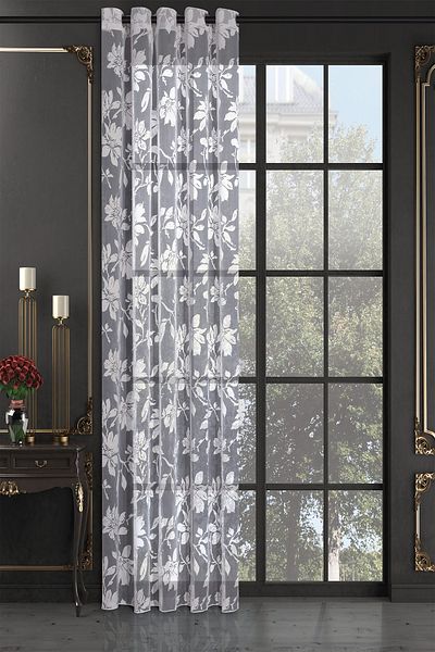 De'Vor Patterned Tulle Curtain, Flower and Leaf Patterned Burning Fabric, Eyelet Sewing for Rustic
