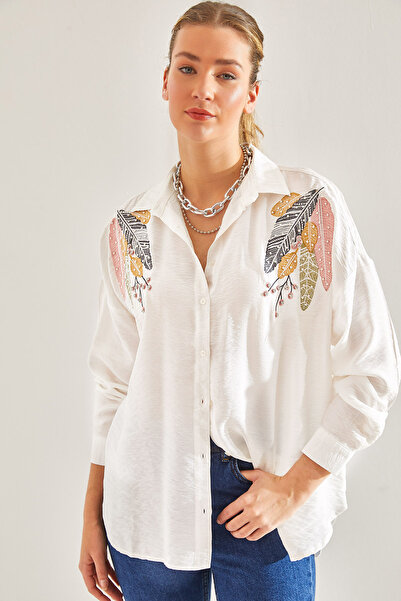 Bianco Lucci Modest Damska lniana koszula Ayrobin z haftem, wysadzana klejnotami i perłami60181005